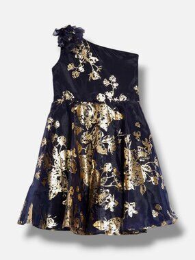 Marchesa Notte Little Girls' Blue Floral Foil One-Shoulder Dress Size 2